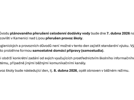 Přerušení provozu školy v Kamenici dne 7. dubna 2026